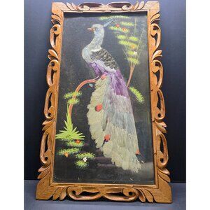 Vtg Feather Art Picture Tropical Bird Peacock in Wood Carved Frame Wall Decor
